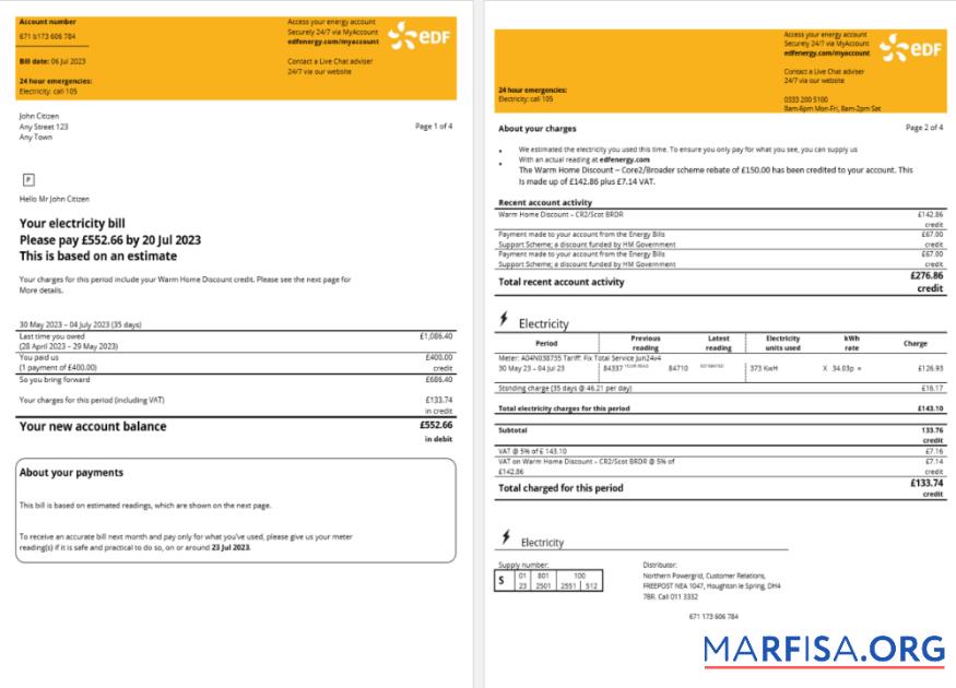 Realistic France EDF Energy utility bill Word and PDF template, 4 pages 1 2